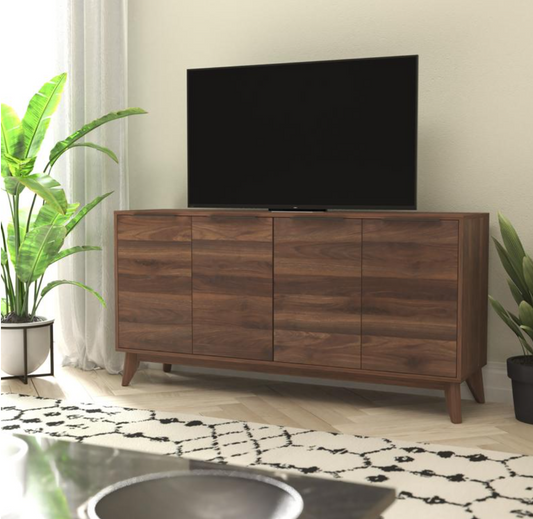 Hatfield Mid-Century Modern 60 Inch 4 Door Storage Buffet Sideboard, 4 Soft Close Doors, Adjustable Shelves, TV Stand for up to 64" TV's, Dark Walnut