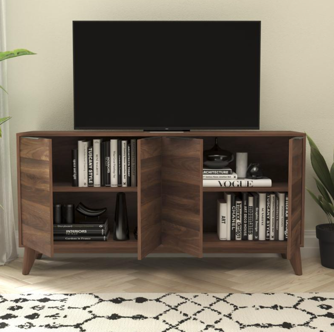 Hatfield Mid-Century Modern 60 Inch 4 Door Storage Buffet Sideboard, 4 Soft Close Doors, Adjustable Shelves, TV Stand for up to 64" TV's, Dark Walnut