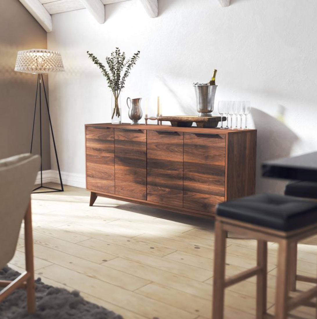 Hatfield Mid-Century Modern 60 Inch 4 Door Storage Buffet Sideboard, 4 Soft Close Doors, Adjustable Shelves, TV Stand for up to 64" TV's, Dark Walnut