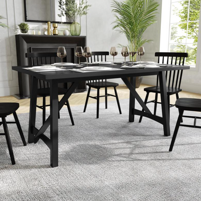 Everly 60" Solid Wood Trestle Base Dining Table, Farmhouse Style Commercial Grade Table with Seating for 6, Black Finish