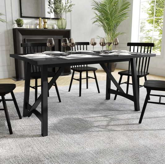 Everly 60" Solid Wood Trestle Base Dining Table, Farmhouse Style Commercial Grade Table with Seating for 6, Black Finish