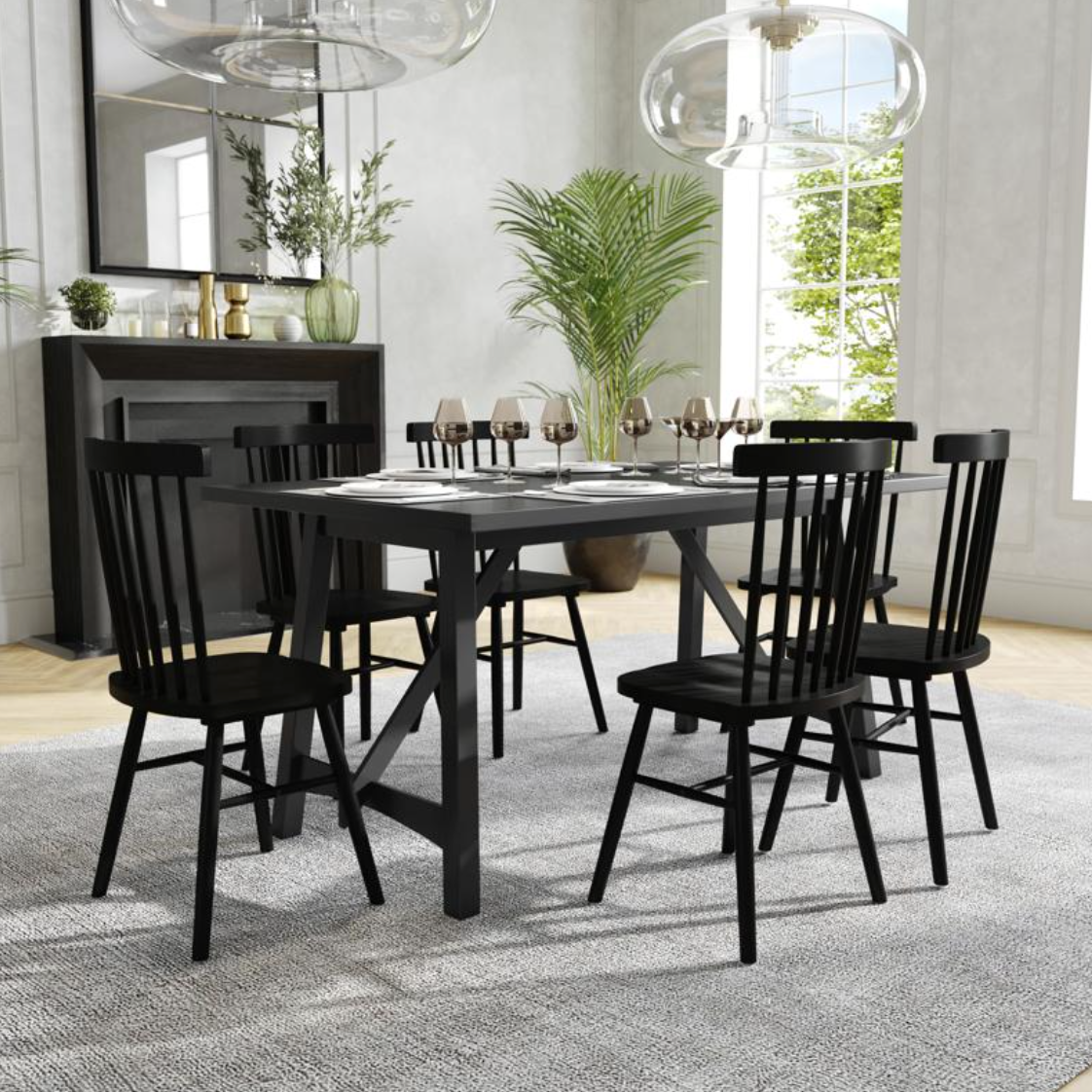 Everly 60" Solid Wood Trestle Base Dining Table, Farmhouse Style Commercial Grade Table with Seating for 6, Black Finish