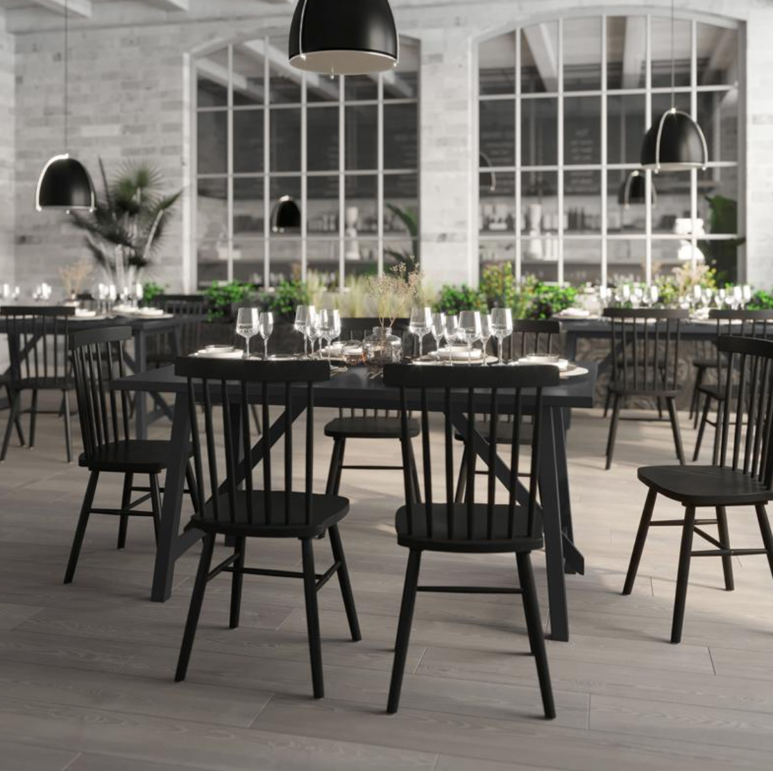 Everly 60" Solid Wood Trestle Base Dining Table, Farmhouse Style Commercial Grade Table with Seating for 6, Black Finish